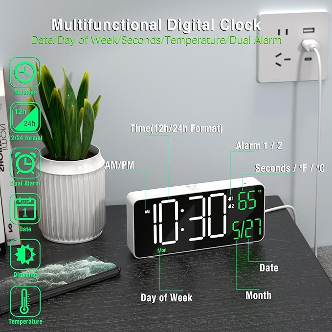 KOSUMOSU Digital Alarm Clock,6.7in Small Digital Clock for Bedroom,Auto Dimming,Date,Week,Seconds or Indoor Temperature,LED Desk Clocks for Living Room, Alarm Clocks for Bedrooms