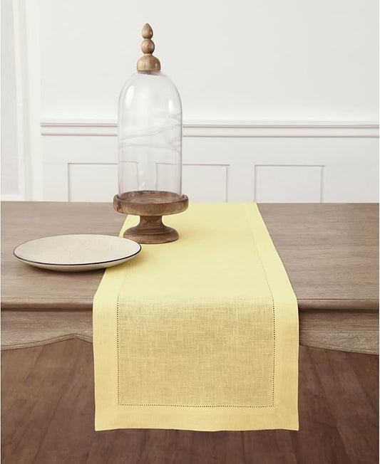 Solino Home Linen Yellow Table Runner 36 Inches - Classic Hemstitch, 100% Pure Linen Coffee Table Runner 14 x 36 Inch Ideal for Dresser Tables