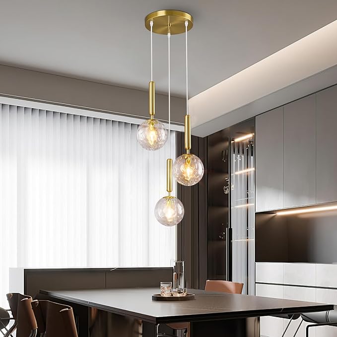 Mid Century Globe Pendant Light with Clear Glass for Kitchen Island Modern Gold Finish Hanging Light Fixture Retro Round Pendant Lighting for Living Room Bedroom Entryway(3 Lights)