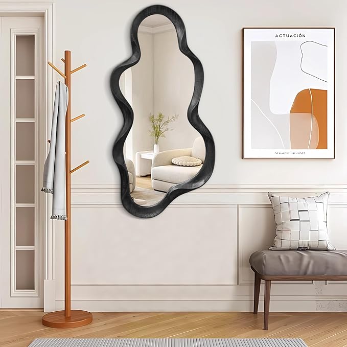 Irregular Wooden Framed Wall Mirror Modern Asymmetrical Cloud Hanging Mirror Artistic Mirror Decor Bathroom Vanity Bedroom Living Room Entryway Hallway Large 120x55cm Black