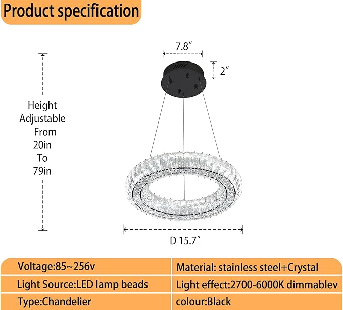 Dimmable LED 15.7" Ring Pendant Light Modern Adjustable Black Round Crystal Chandelier Light Fixtures for Dining Room Living Room