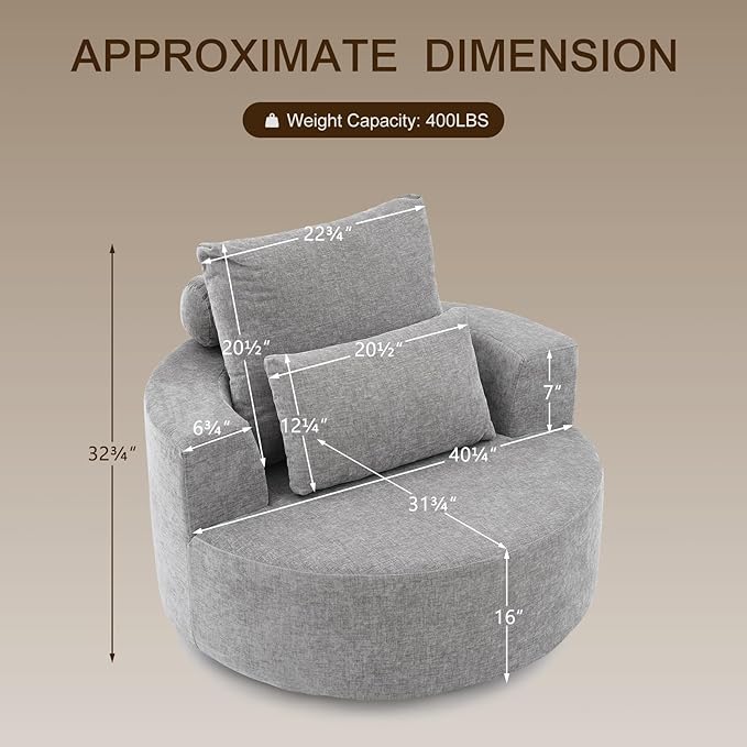 Furnimart Oversized Barrel Accent Chair, 360° Swivel Round Upholstered Sofa, Chenille High-Resilience Sponge, No Assembly Wide Seat for Living Room, Bedroom, Apartment(Gray)