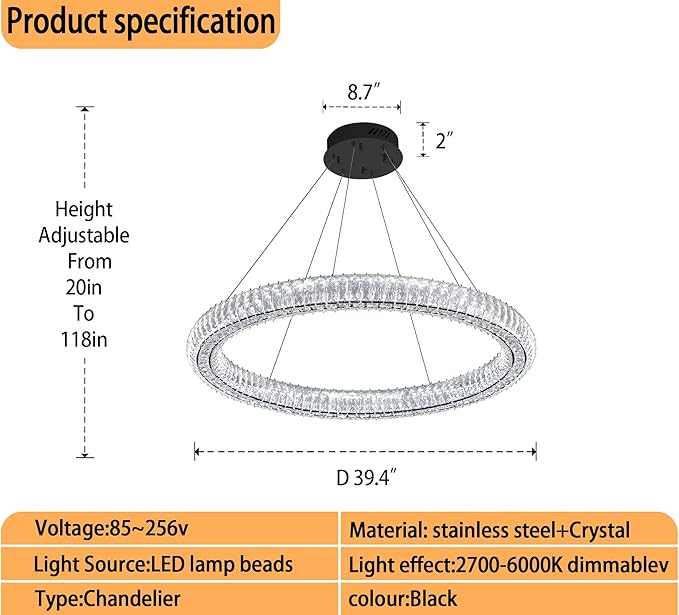 Modern Crystal Chandelier Dimmable LED 39.4" Ring Pendant Light Adjustable Black Round Crystal Chandelier Light Fixtures for Dining Room Living Room