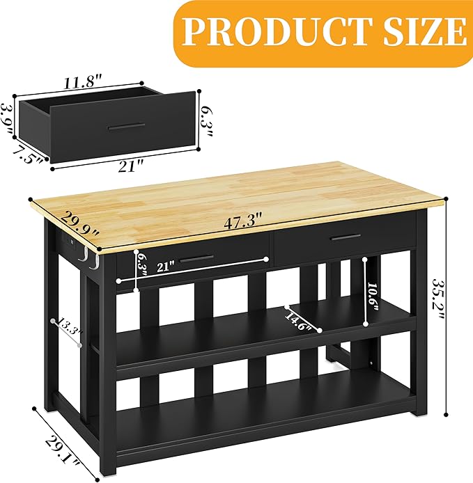 47.3" Solid Rubberwood Kitchen Island with Power Outlets - Extra Large Work Surface, 2 Drawers & Open Shelves Storage Cabinet for Kitchen Dining Room, Farmhouse Style (Black)