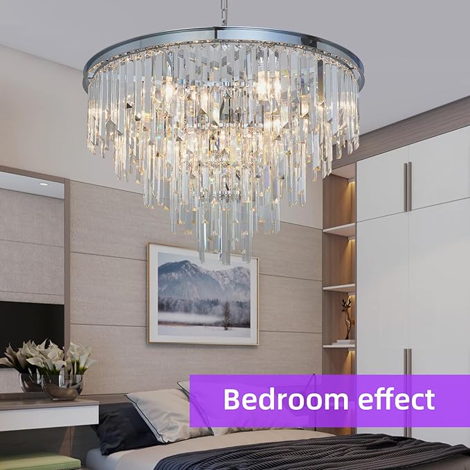 Chrome Top K9 Crystal Chandelier Modern Lighting Fixture, 16 Lights Round K9 Crystal Adjustable Hanging Lamp for Dining Room Bedroom Living Room,Hallway,Bar,Kitchen W31''