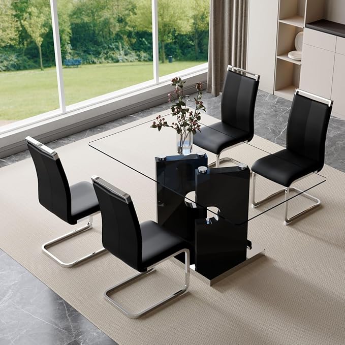 Glass Dining Table Set for 4,5 Piece Dining Table Set, Tempered Glass Table Top and Modern Design MDF Base with 4 PU Leather Ergonomic Dining Chairs