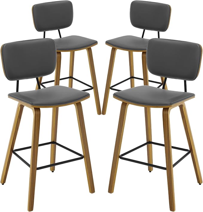 Counter Height Bar Stools Set of 4, PU Leather Upholstered Barstools with Backs, Bent Wood Legs, 26 Inch Seat Height, Mid Century Modern Counter Stools for Kitchen Island, Grey