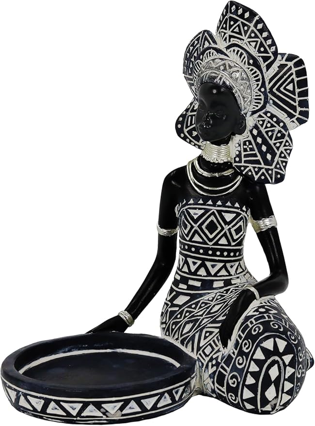 African Woman Candle Holder Statue – Tribal Resin Figurine for Tea Lights or Pillar Candles, Afrocentric Boho Home Decor for Living Room, Meditation Space, Bookshelf