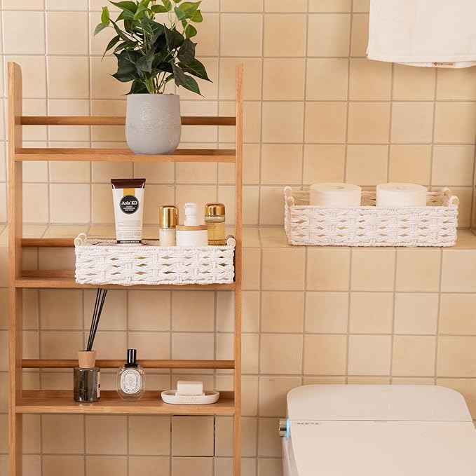 OIAHOMY Toilet Paper Baskets Handmade Paper Rope Decorative Wicker Storage Tank Shelf Cabinet Organizer for Bathroom Home, Set of 2, White