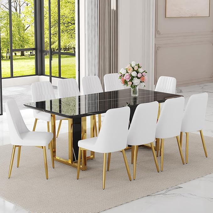 TesNus 79" Black Dining Table Set for 10 with Chairs,Large Faux Marble Kitchen Table and Chairs Set Rectangular 11 Piece Dining Room Set with Gold Metal Legs,Modern Design,Easy Assemble,Stable Base