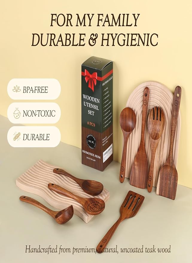 100% Natural Teak Wood Wooden Utensil Set – Non-Stick & Heat Resistant – 8 Pcs Durable Kitchen Spoons for Cooking, Eco-Friendly & Comfortable Grip