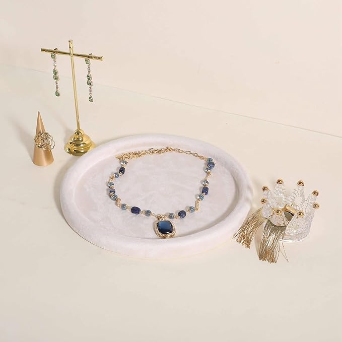 GemeShou Round Jewelry Organizer plate, Top Microfiber velvet Jewerly display tray, Empty Jewelry showcase tray for Necklace Bracelet Ring Earring display stand holder (Cream-Large, 9.8 x 9.8 in)