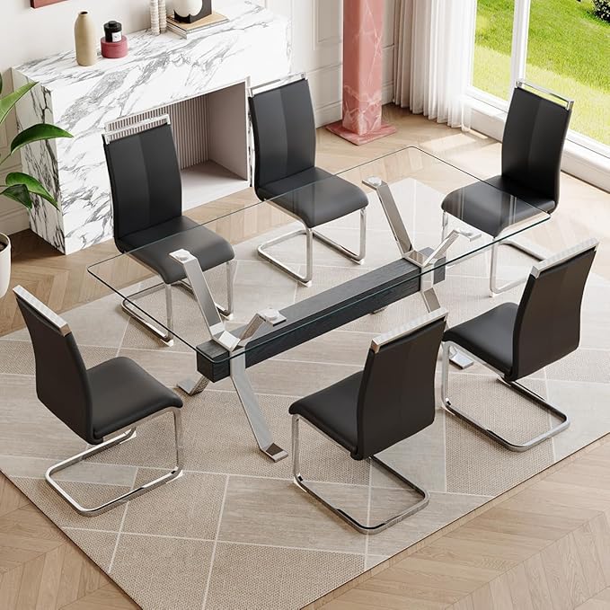 7 Piece Glass Dining Table Set, Kitchen Table Chairs Set for 6, 71'' Dining Table with 0.4" Tempered Glass Tabletop with Plated Metal Legs and MDF Crossbar, 6 PU Chairs for Dining Room, Kitchen.