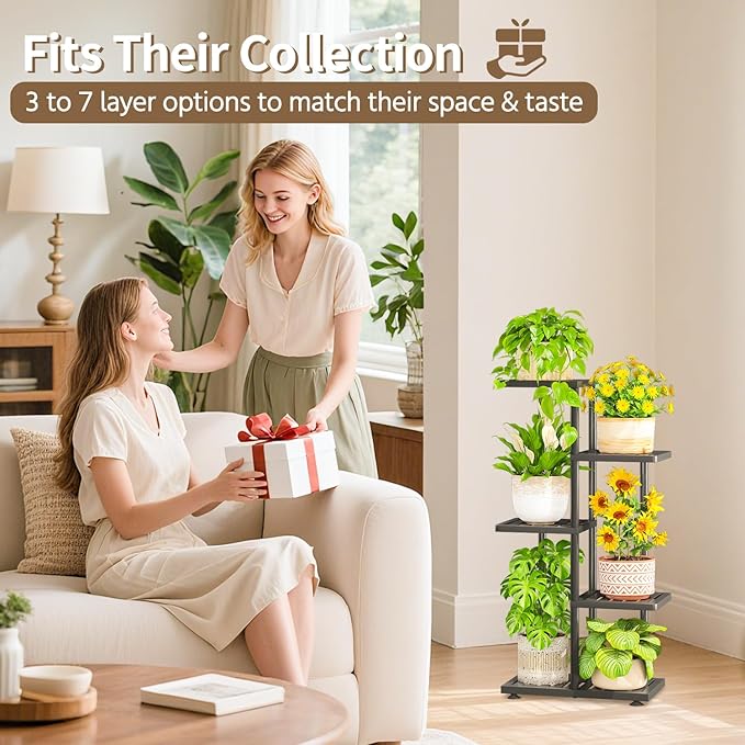 LASZOLA 4 Tier Plant Stand Indoors Outdoors for Large Heavy Duty Planter, Black Metal Tall Flower Holder Rack with Multiple Shelf for Modern Patio Corner, Vertical Organizer, Weather Resistant Bracket