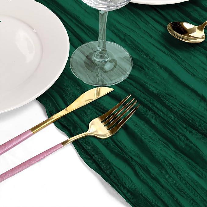 8 Pack 10 ft Dark Green Christmas Cheesecloth Table Runner 35x120 Inches Boho Gauze Rustic Cheese Cloth Runners Long Romantic Sheer Table Runner for Wedding Bridal Shower Party Decoration