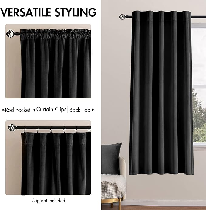 MIULEE Black Velvet Curtains 63 inch Length 2 Panels - Luxury Blackout Curtains for Bedroom Living Room Thermal Insulated Super Soft Window Drapes Back Tab Halloween Decor, W52 x L63 inches