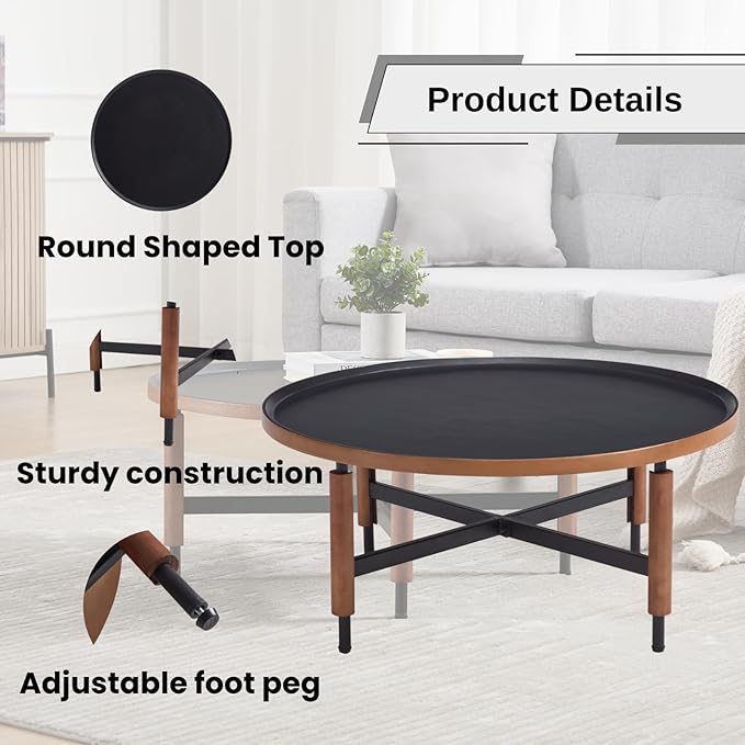 DUOMAY Modern Round Wood Coffee Table, 31.25'' Wide Center Table with X-Shaped Metal Base, Round Tubular Iron Legs Covered with Rubber Wood for Living Room, Lounge, Office, Apartment, Black