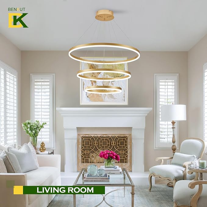 D31.5 Modern LED Chandelier Gold Dimmable 3 Ring Pendant Light for Dining Room, Kitchen Chandelier Circular with Remote Control Flush Mount High Ceiling Light for Living Room, 3000K-6500K