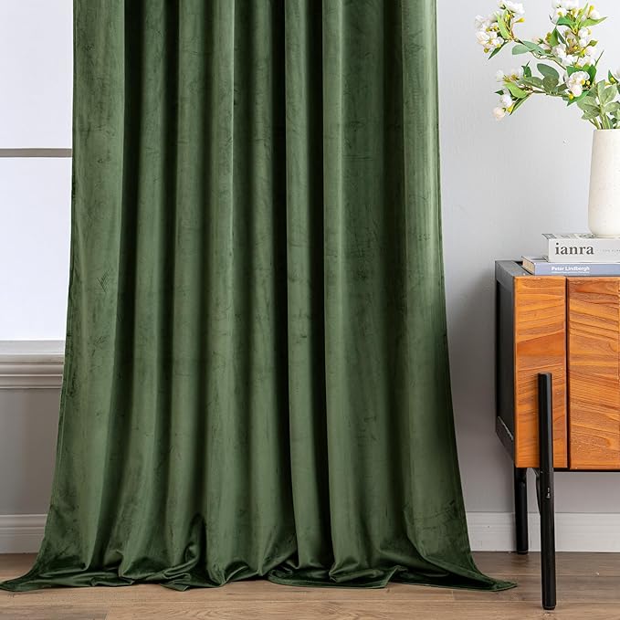 MIULEE Olive Green Velvet Curtains 90 inches 2 Panels - Pinch Pleat Luxury Room Darkening Curtains for Bedroom Living Room Thermal Insulated Super Soft Window Drapes Rod Pocket, W52 x L90 inch