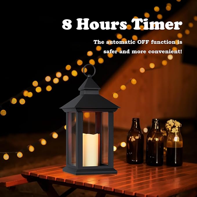 Lanterns Decorative Indoor, 14" Battery-Powered Waterproof Black LED Candle Lanterns with Timer for Patio & Outdoor, Vintage Hanging Lantern for Home & Wedding, Transparent