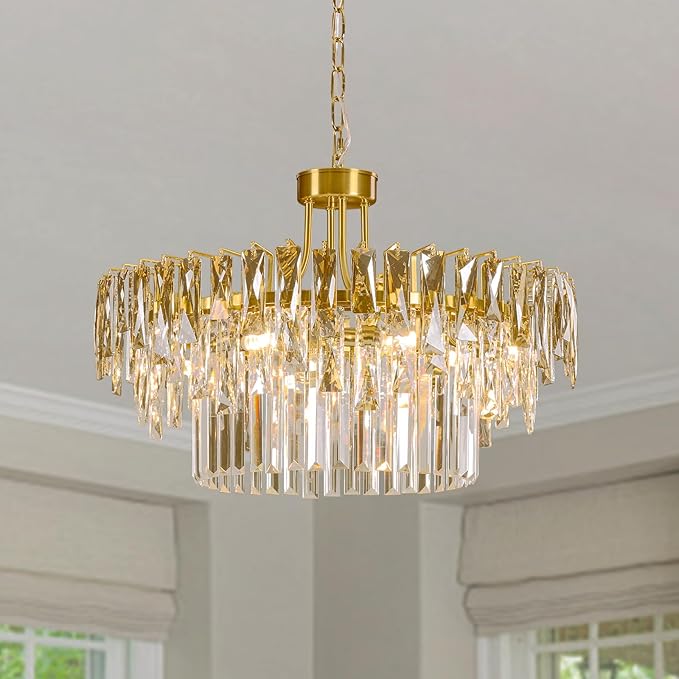 Modern Gold Round Crystal Chandelier - 23.6'' Luxury K9 Crystals Chandeliers for Dining room,3 Tier Raindrop Chandelier for Living room,Contemporary Light Fixture for Bedroom Foyer Entryway Kitchen