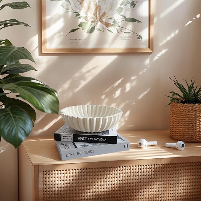 Decorative Bowl for Home Decor - White Large Decorative Fruit Bowls for Coffee Table - Scalloped Ruffle Centerpiece key Bowl for Entry Table - Morden Round 10" Aesthetic Decor