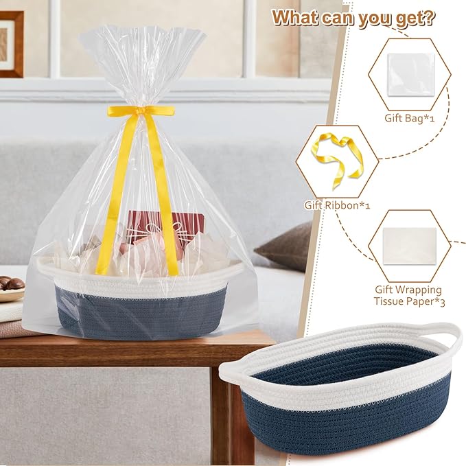 OIAHOMY Gift Basket Empty with Handle, 12"x 8"x 5" Small Woven Basket with Gift Bag, Ribbon and Wrap Tissue Paper, Dog Toy Storage for Organizing - Blue & White