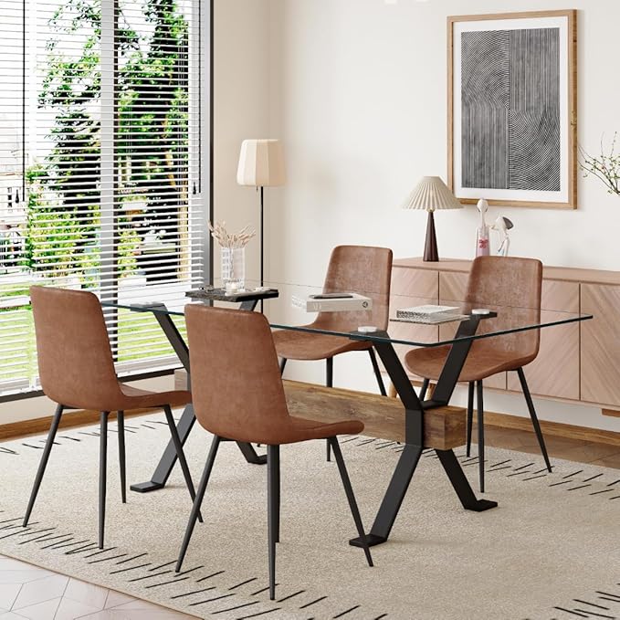 5 Piece Glass Dining Table Set, Kitchen Table Chairs Set for 4, 71'' Dining Table with 0.4" Tempered Glass Tabletop with Plated Metal Legs and MDF Crossbar, 4 Suede Chairs for Dining Room, Kitchen.
