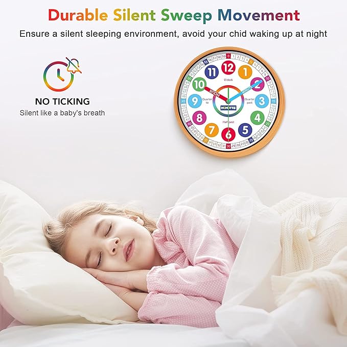 Kids Wall Clock for Bedroom, 10 Inch Round Multi-Colored Learning Clock, Children's Silent Analog Non-Ticking Educational Wall Clock for Boys and Girls Classroom Home Decor
