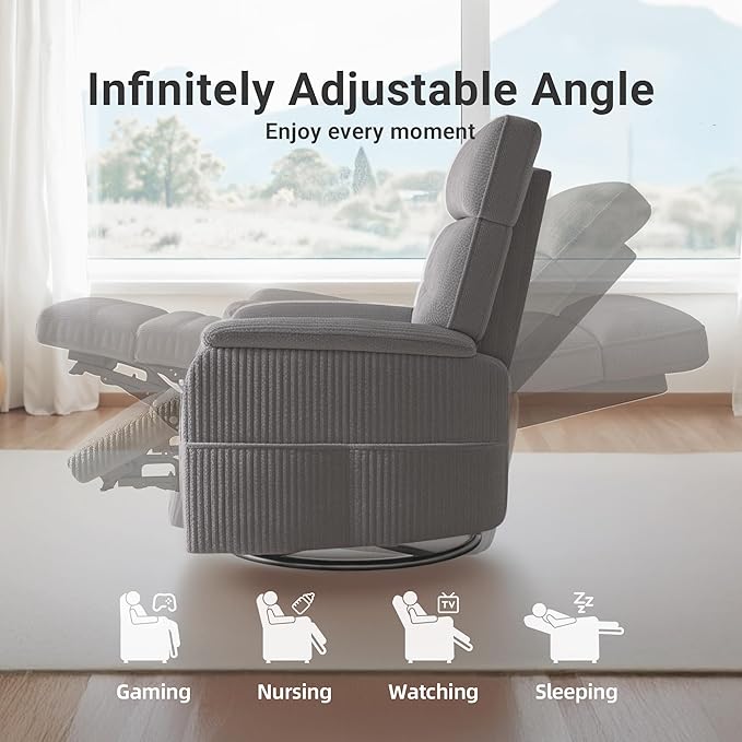 Overized Power Swivel Rocker Recliner Chair,Comfy Corduroy Sofa Reclining for Adults,Adjustable Rocker Reclining Sofa Lounge with USB&Type-C Ports,Side Pocket,for Living Room,Grey