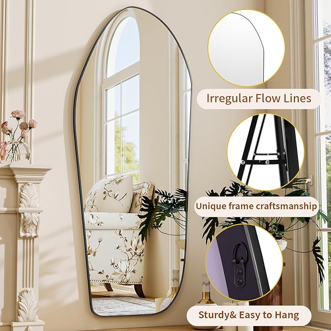 BEAUTYPEAK Irregular Full Length Mirror - 67x24 Inch Black Framed Modern Mirrors, Unique Shape Vanity Wall Mirror for Living Room Bedroom Entryway Hallway