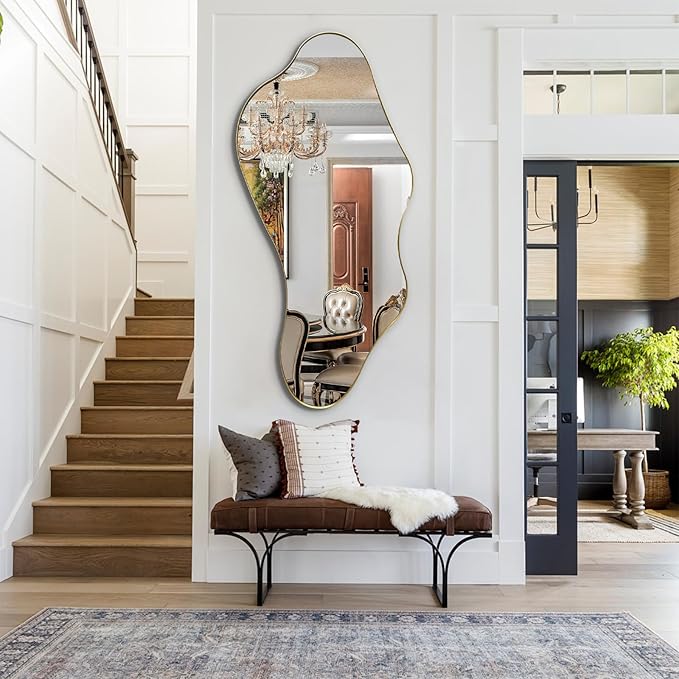 Irregular Wall Mirror, Gold Asymmetrical Mirrors, 47"x22" Wavy Shaped Mirror with Metal Frame, Modern Decorative Abstract Mirrors for Living Room Bathroom Bedroom Hallway Entryway