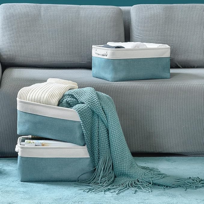 TheWarmHome Fabric Storage Bin with Handles,Storage Basket for Home Storage and Organization, Shelf Basket with Cover for Living Room Bedroom Closet（White & Green Medium 13.8L×9.8W×6.7H