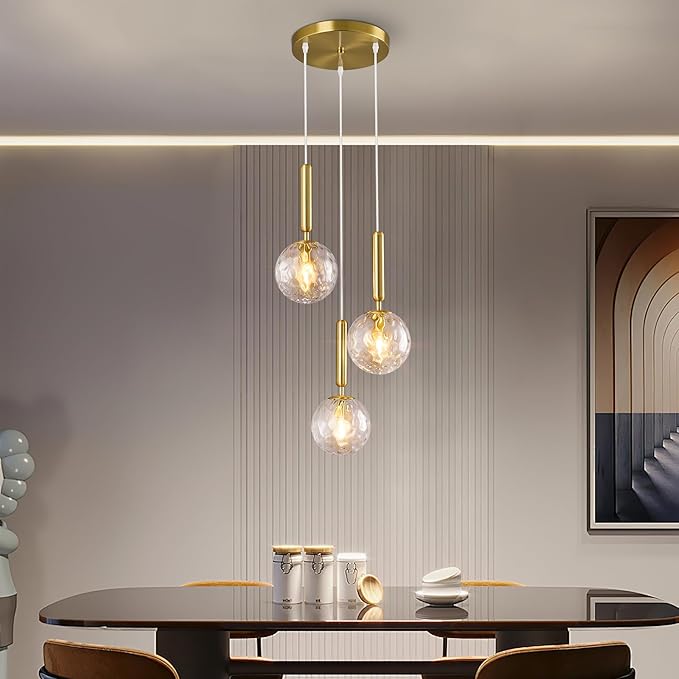 Mid Century Globe Pendant Light with Clear Glass for Kitchen Island Modern Gold Finish Hanging Light Fixture Retro Round Pendant Lighting for Living Room Bedroom Entryway(3 Lights)
