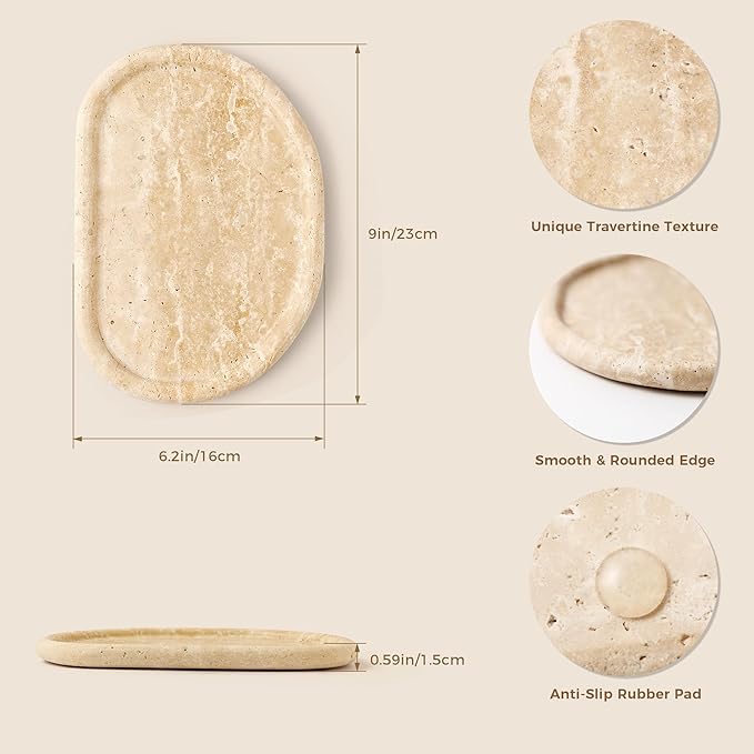 Natural Travertine Tray, Special-Shaped Jewelry Tray, Marble Ring Dish for BathroomCountertop, Nightstand,Dressing Table, Bedside Table, Home Decor, Beige(Middle)(NS025)