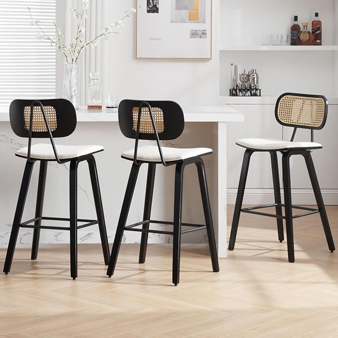 Counter Height Bar Stools Set of 3, 26" PU Leather Upholstered Rattan Barstools, Mid Century Modern Bar Chairs with Black Wood Legs, Armless Walnut Kitchen Island Dining Bar Chair, White
