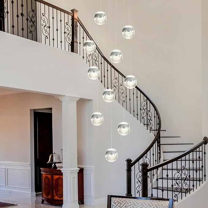LED Staircase Chandelier Crystal Globe Pendant Light Large Chandeliers for High Ceiling,10-Lights Hanging Flush Mount Lighting Fixtures for Foyer,Entryway,Living Room