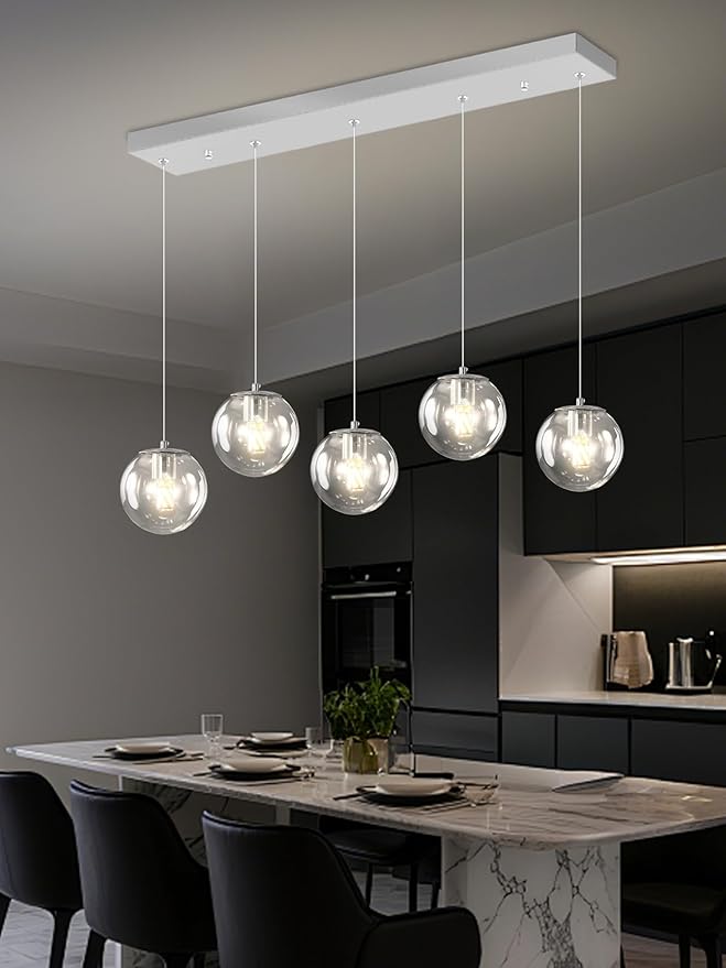 5-Lights Modern Rectangle Chandelier Globe Pendant Light,Chrome Linear Globe Chandeliers for Dining Room and Kitchen Island