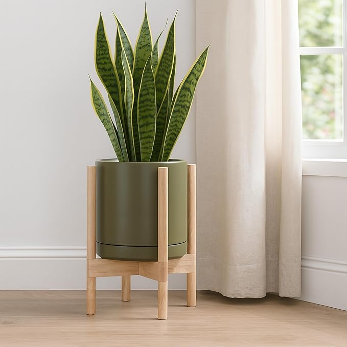 D'vine Dev Ceramic Planter with Natural Stand - 10 Inch Modern Round Flower Pot with Wood Planter Holder, Olive, 55-B-K-J