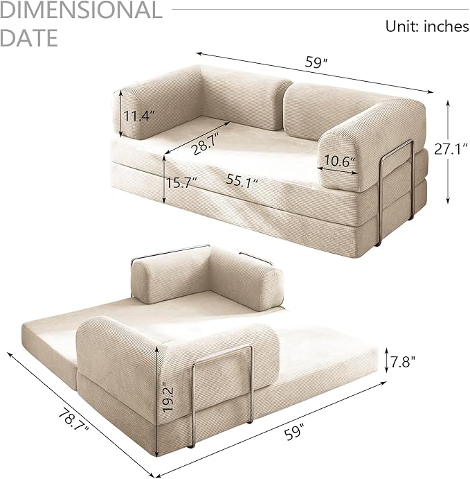 Modern Convertible Lounge Chair, Corduroy Fabric, Square Platform Design with Metal Frame, Floor Sofa Bed with Fixed-Shape Frame,Living Room Seating with Armrest (Beige, 2-Seater Sofa)