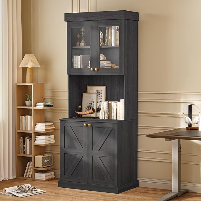 Vyre 71" Farmhouse Kitchen Pantry Cabinet Set of 3, Black Freestanding Coffee Bar Hutch with Glass Doors & Adjustable Shelves, Large Storage Cabinet with Microwave Stand for Living Room & Kitchen
