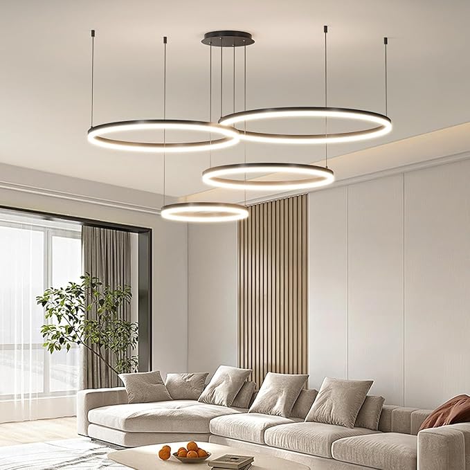 4-Ring Dimmable LED Chandelier for Dining Room, Circular Black Modern Pendant Lights, Adjustable Hanging Ceiling Lamp Fixture for Kitchen Island, Living Room, Foyer, Bedroom with Remote Control