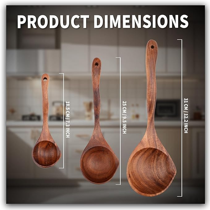 Wooden Ladle Spoon Set, 3 Size Teak Large Soup Ladel Wood Spoons for Cooking Serving Spoon Ladles Wooden Cooking Spoon Long Handle Mixing Spoon Ladle