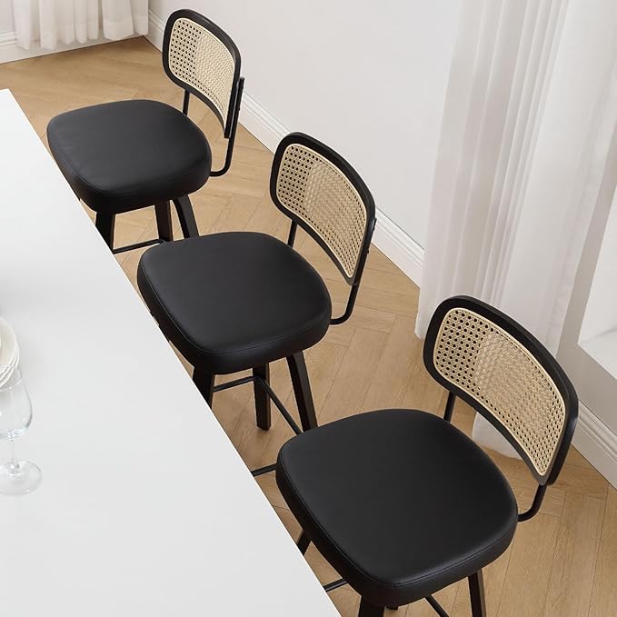 Swivel Bar Height Stools Set of 4, Upholstered Faux Leather Barstools with Rattan Back, 29" Seat Height Tall Bar Stools for Kitchen Counter, Black Wood Frame, Black