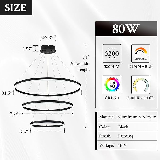 3-Rings Modern LED Chandelier Black, Dimmable Pendant Lighting with Remote Control Circular Flush Mount High Ceiling Light for Living Room Dining Room Foyer, 3000K-6500K D31.5’’