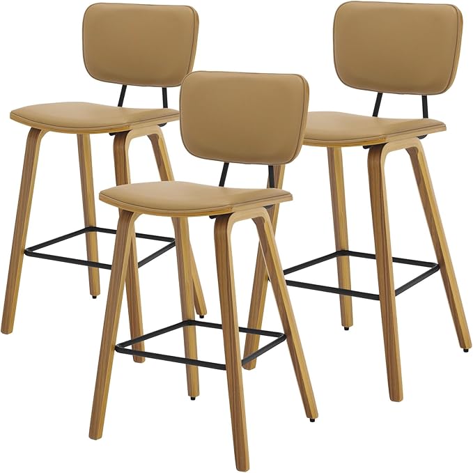 Counter Height Bar Stools Set of 3, PU Leather Upholstered Barstools with Backs, Bent Wood Legs, 26 Inch Seat Height, Mid Century Modern Counter Stools for Kitchen Island, Brown