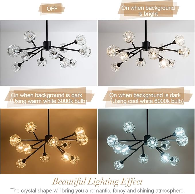 Sputnik Chandeliers for Dining Room Light Fixture Over Table, Modern Crystal Chandeliers, 12 Lights Black Lighting Fixtures for Living Room Bedroom Kitchen Island Bar