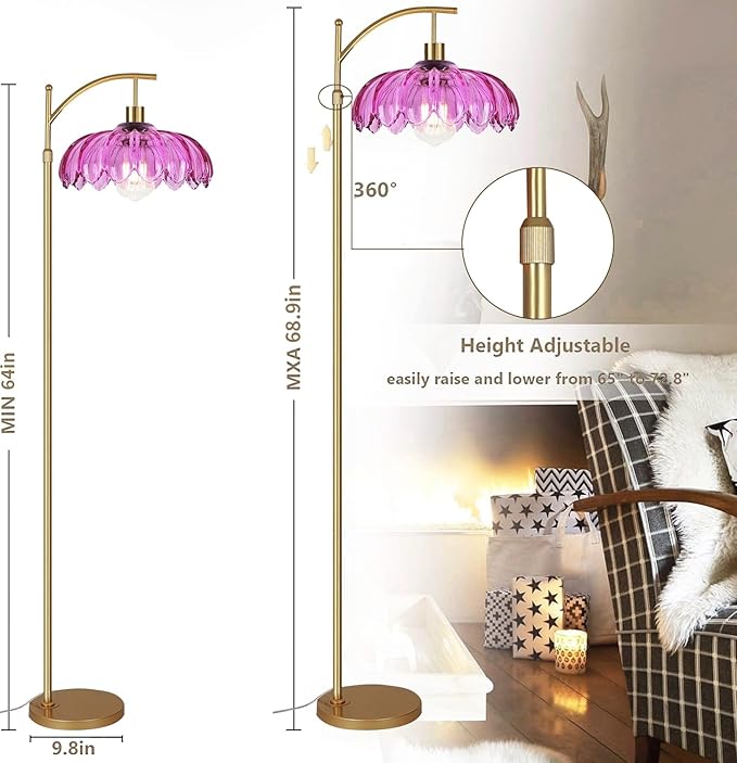 Floor Lamp for Living Room,Bedroom,Gold Dimmable Standing Lamp with Remote,Mid Century Modern Brass Tall Lamp Retro Vintage Purple Glass Lamp Floor Light Boho Bohemian