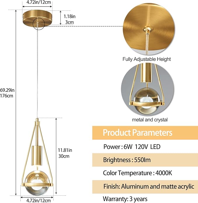 Gold Dandelion Pendant Light in Brushed Brass Finish, 1-Light Mini Globe Modern Crystal Kitchen Island Pendant Lighting Dimmable LED Hanging Ceiling Light Fixture for Bathroom Bedroom