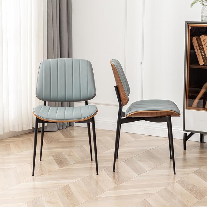 LUNLING Dining Chairs Set of 4 Mid Century Modern Retro Faux Leather Chair with Walnut Bentwood Upholstered Seat Metal Legs Chairs,Adjustable Foot for Kitchen Dining Room Chairs(Blue)